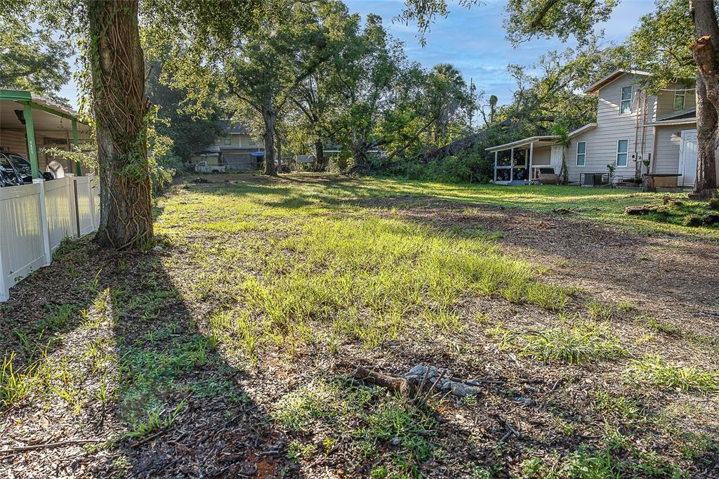 A large, grassy backyard features mature trees and a view of neighboring houses — 8409 N MULBERRY STREET, TAMPA, FL