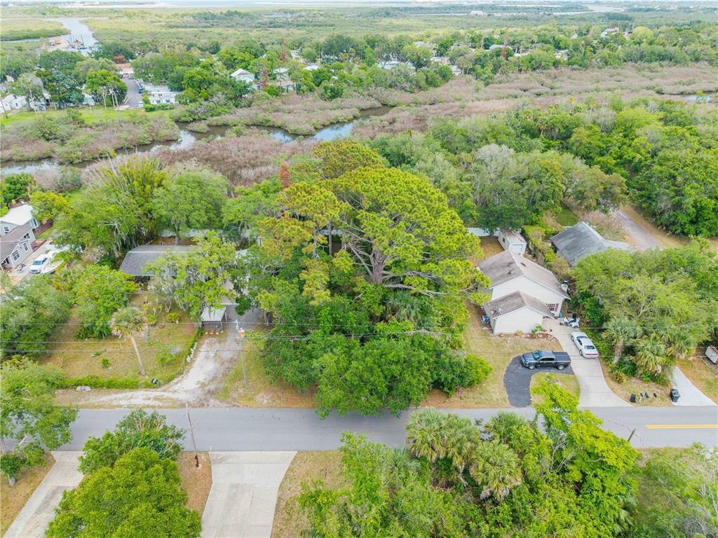 An aerial view shows two houses separated by a large tree near a marshy waterway — BROOKLINE AVENUE, NEW SMYRNA BEACH, FL