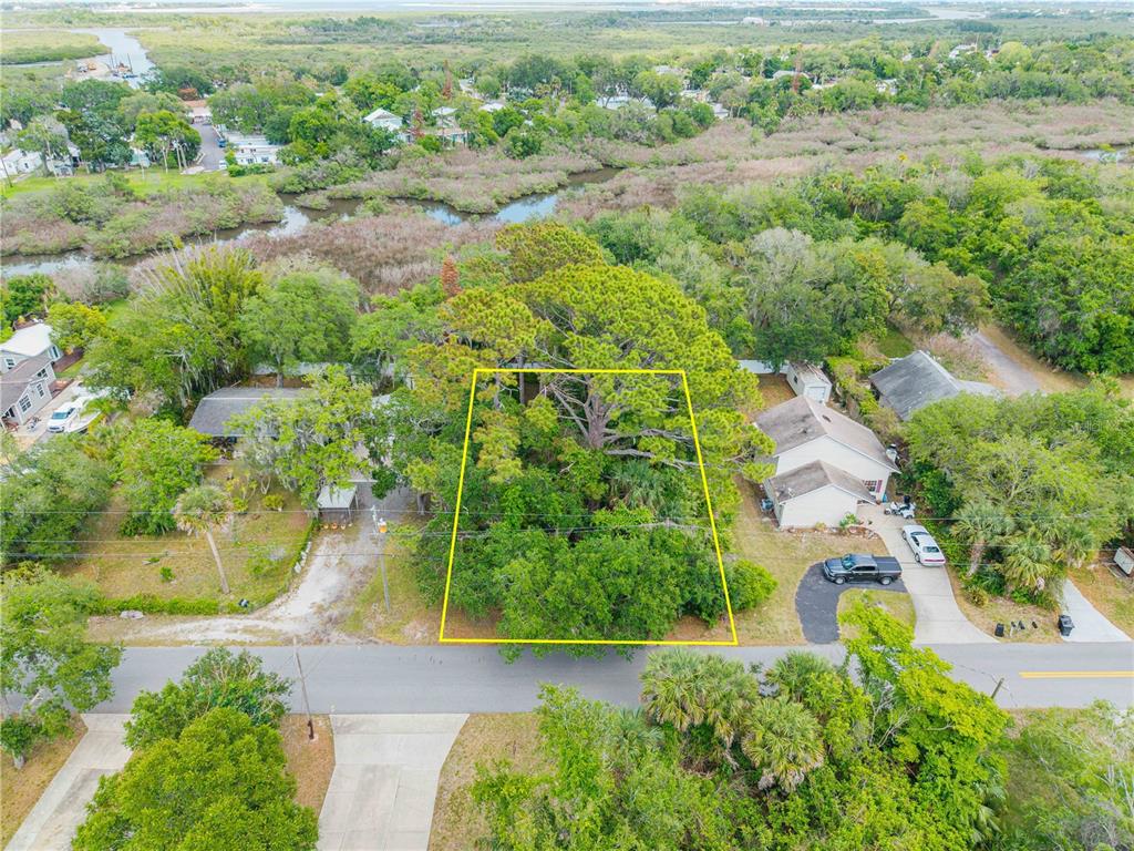 An aerial view shows a wooded residential lot outlined in yellow between two houses — BROOKLINE AVENUE, NEW SMYRNA BEACH, FL