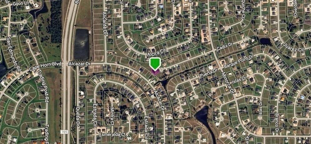 This is an aerial map view of a residential neighborhood with a highlighted property — 25172 CADIZ DRIVE, PUNTA GORDA, FL