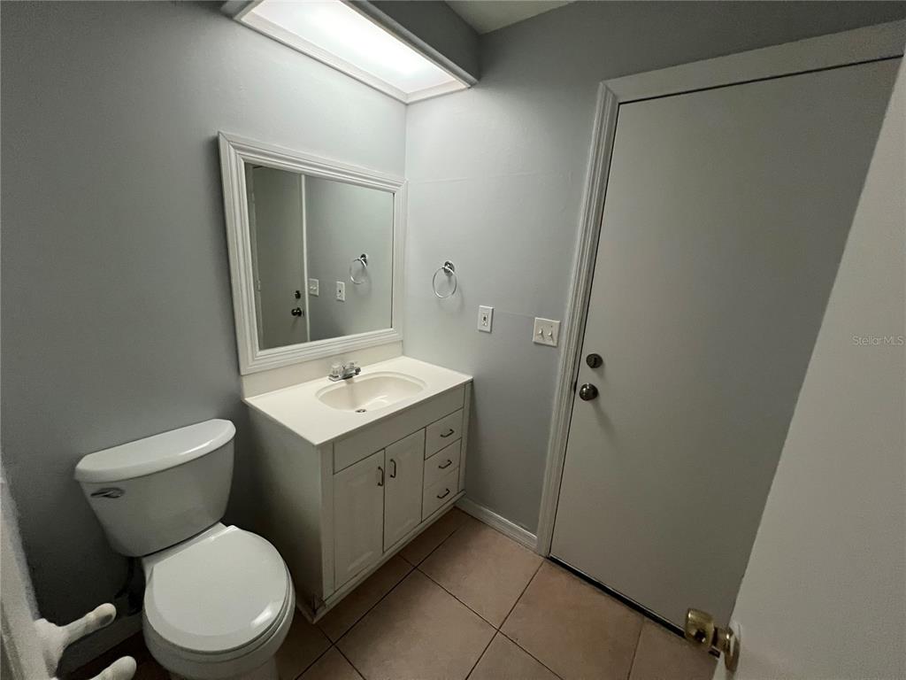 A bathroom features a white vanity with a sink, a mirror, and a toilet — 14627 PINE GLEN CIRCLE, LUTZ, FL