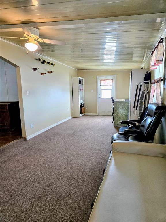 A carpeted room features a ceiling fan, a white bookshelf, and a door leading outside — 6253 BALMY LANE, ZEPHYRHILLS, FL