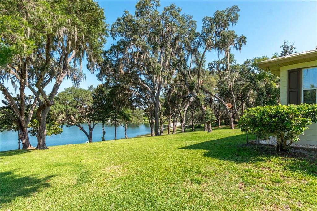 A grassy backyard features large oak trees with Spanish moss overlooking a calm lake — 10522 SE 146TH TERRACE ROAD, OCKLAWAHA, FL