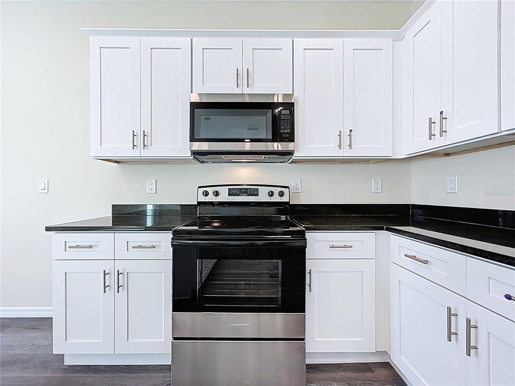A kitchen features white cabinets, stainless steel appliances, and black countertops — 4368 CAMBIO GARDENS COURT, TAMPA, FL