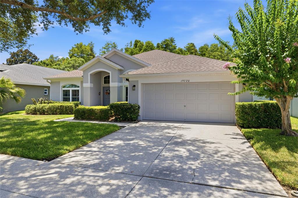A single-story suburban house with a gray garage, arched entryway, and a concrete driveway — 19720 MORDEN BLUSH DRIVE, LUTZ, FL