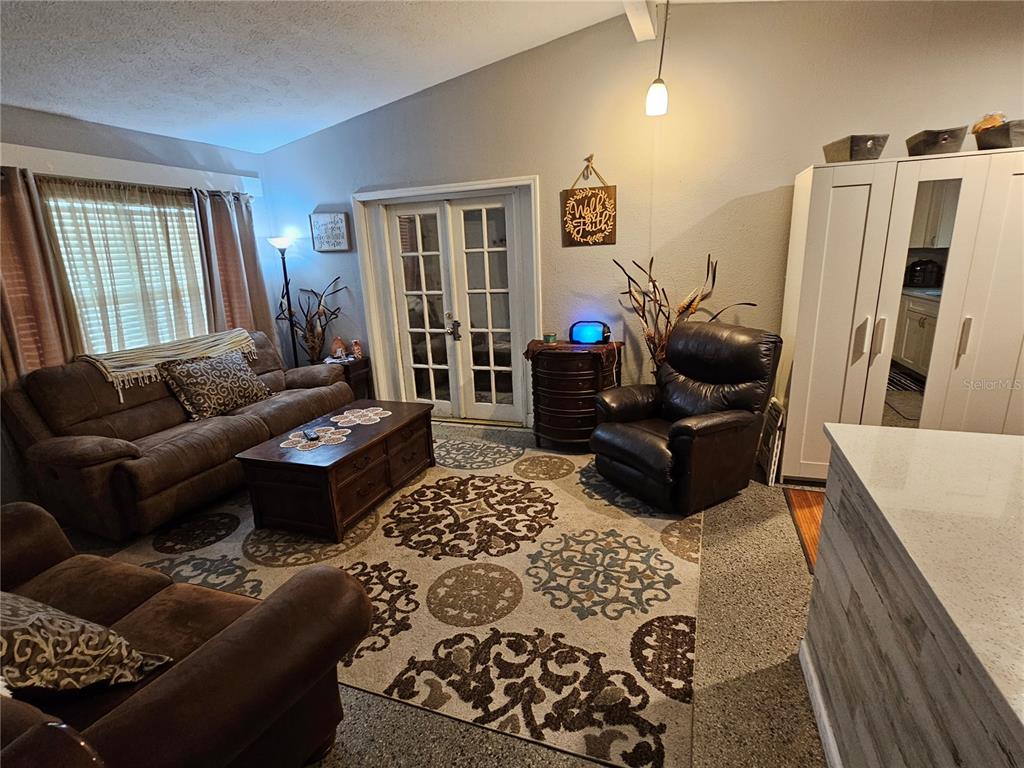A living room features brown leather furniture, a patterned area rug, and French doors — 730 SEMINOLA BOULEVARD, CASSELBERRY, FL