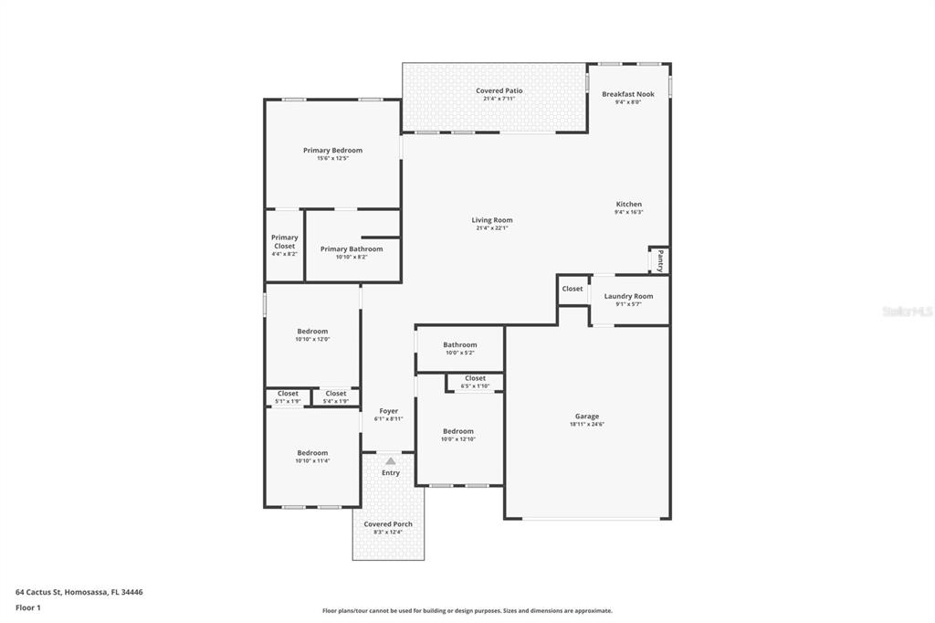 This is a floor plan for a single-story house with three bedrooms and a garage — 20 GREENTREE STREET, HOMOSASSA, FL