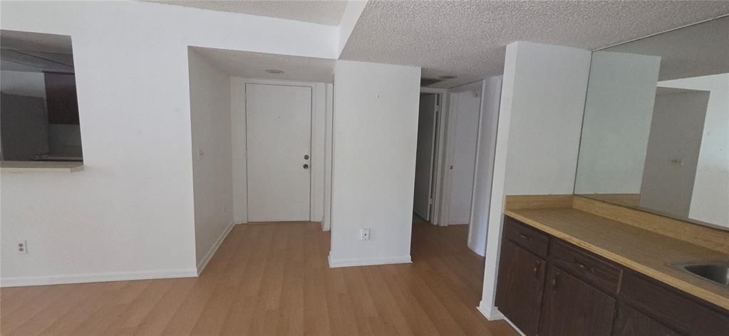 An interior view showing a white front door, light wood flooring, and a kitchen counter — 700 STARKEY RD UNIT 1224, LARGO, FL