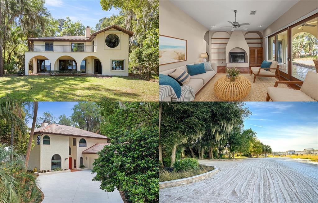 A collage shows a two-story stucco house, a living room with a fireplace, and a driveway — 12621 SE SUNSET HARBOR ROAD, WEIRSDALE, FL