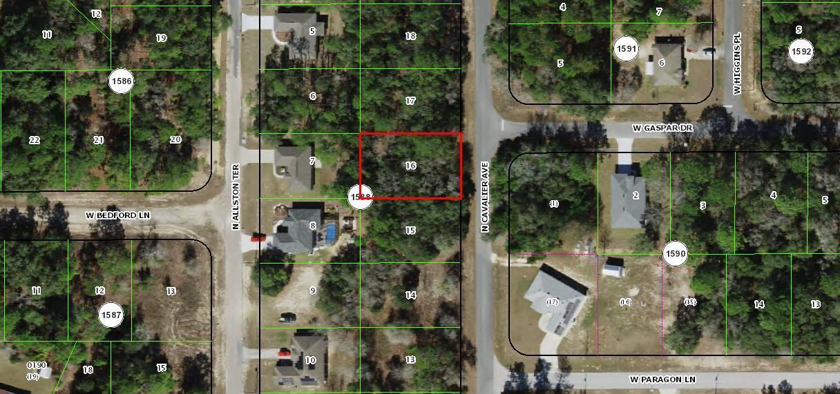 This is a satellite map showing a vacant lot highlighted in red among residential properties — 6252 N Cavalier Terrace, FL 34433, FL