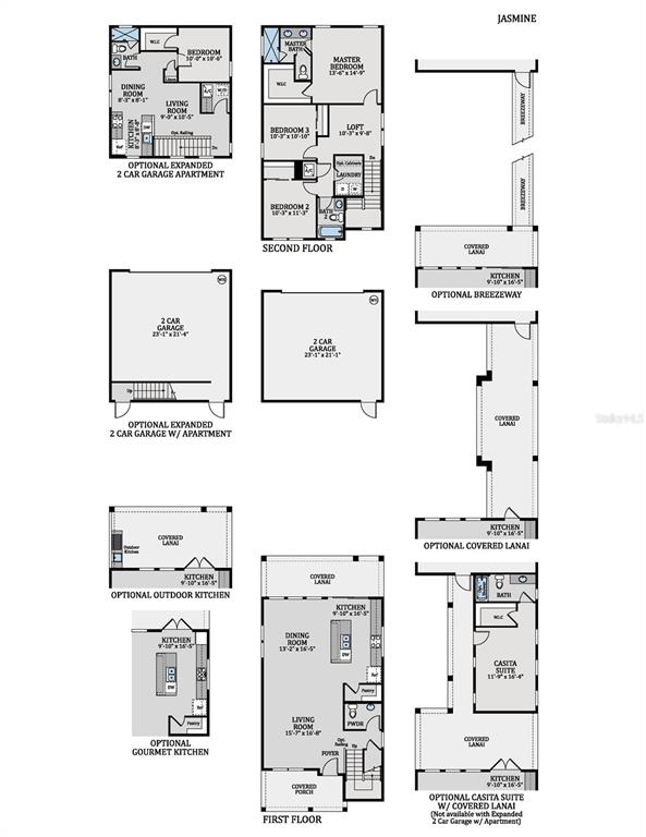 This floor plan shows the layout of a two-story home with various optional configurations — 2954 SAILBOAT DRIVE, ST CLOUD, FL