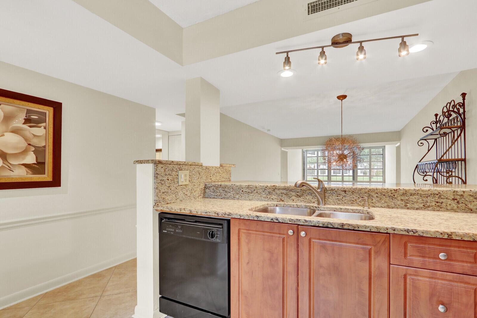 A kitchen with granite countertops, wood cabinets, a black dishwasher, and a track lighting fixture — 3636 WHITEHALL Drive # 105, West Palm Beach FL 33401, WEST PALM BEACH, FL