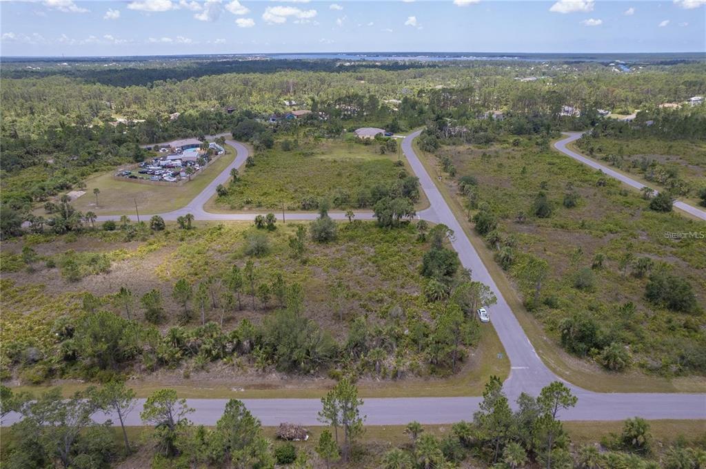 An aerial view shows a paved road winding through a large, undeveloped, wooded residential lot — 219 GASTIN STREET, PORT CHARLOTTE, FL