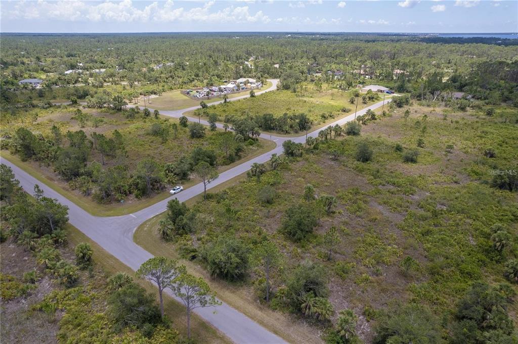 An aerial view shows a paved road intersection surrounded by undeveloped, wooded residential lots — 219 GASTIN STREET, PORT CHARLOTTE, FL