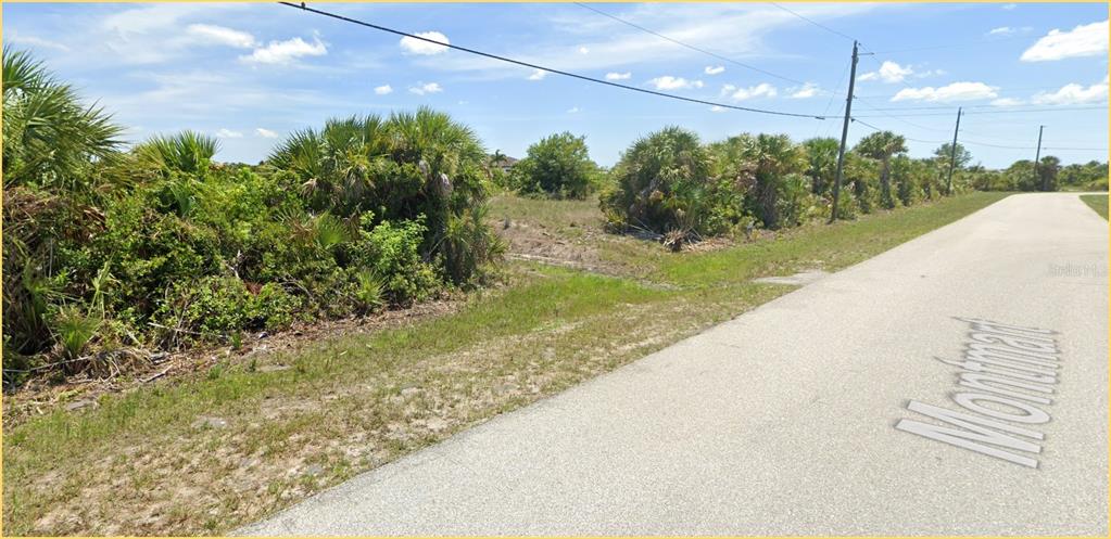 A paved road runs alongside a vacant, brush-covered lot under a blue sky — 14315 MONTMARTE AVENUE, PORT CHARLOTTE, FL