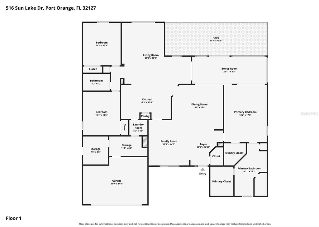 This is a floor plan for a single-story house with a garage and patio — 516 SUN LAKE DRIVE, PORT ORANGE, FL