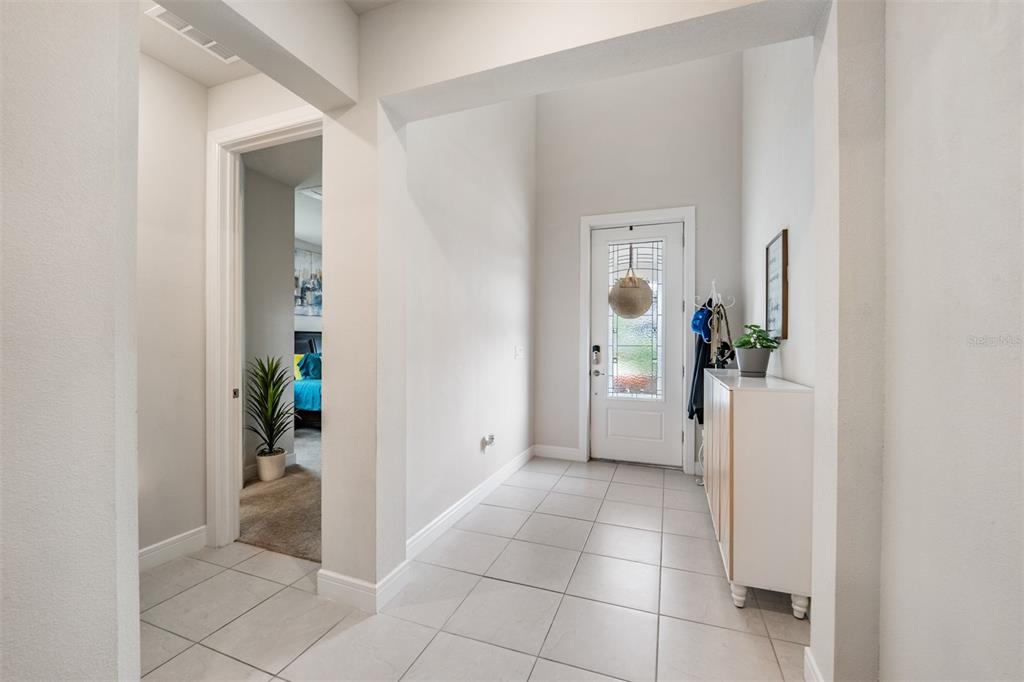 A bright entryway features light-colored tile flooring, a white front door, and a side hallway — 2836 BUCKHORN FOREST DRIVE, VALRICO, FL
