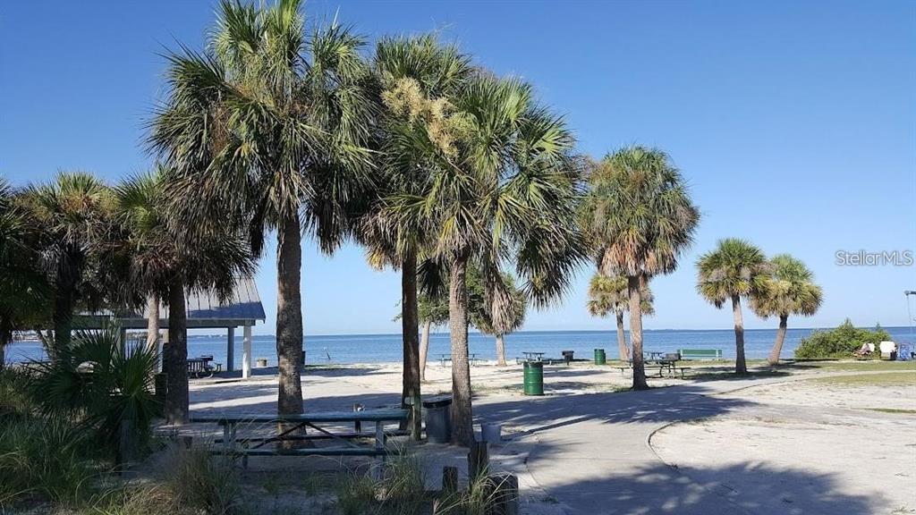 A sandy park area features palm trees, picnic tables, and a view of the ocean — 1-2 GREEN KEY, NEW PORT RICHEY, FL