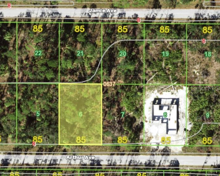 This aerial map shows a highlighted vacant residential lot situated between two paved roads — 17114 ARTHUR AVENUE, PORT CHARLOTTE, FL