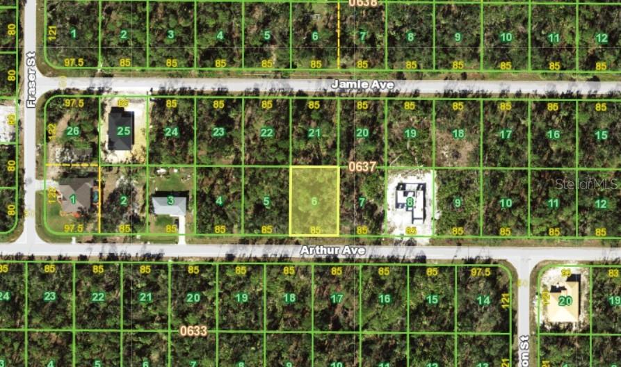 This is a map showing a vacant residential lot highlighted in yellow among surrounding properties — 17114 ARTHUR AVENUE, PORT CHARLOTTE, FL