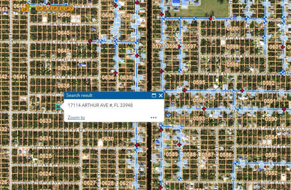This map shows a residential grid layout with highlighted property locations and street names — 17114 ARTHUR AVENUE, PORT CHARLOTTE, FL