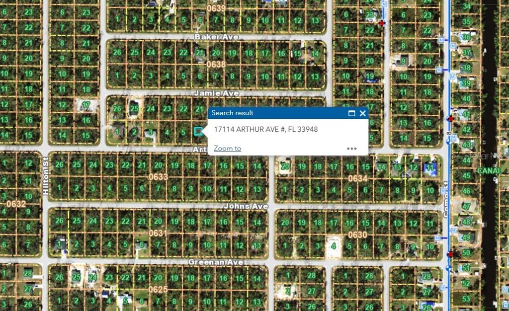 This is a satellite map view of a residential neighborhood with numbered land parcels — 17114 ARTHUR AVENUE, PORT CHARLOTTE, FL