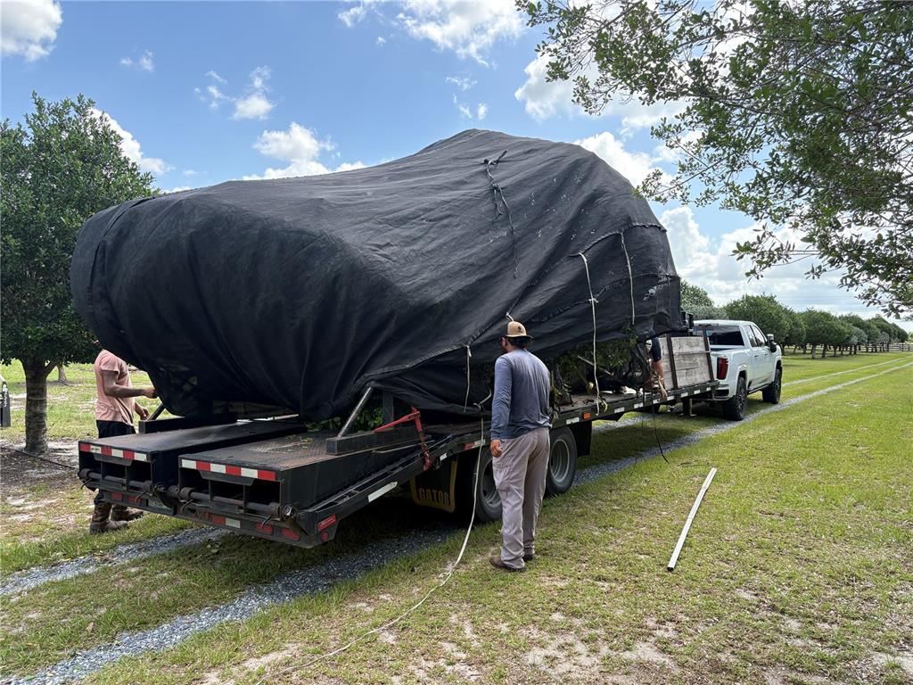 A large, black-covered object is being transported on a flatbed trailer in an orchard — 1238 S US 301, SUMTERVILLE, FL