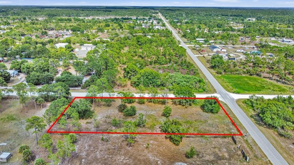 An aerial view shows a rectangular plot of land outlined in red near a road — 593 HUNTING CLUB AVENUE, CLEWISTON, FL