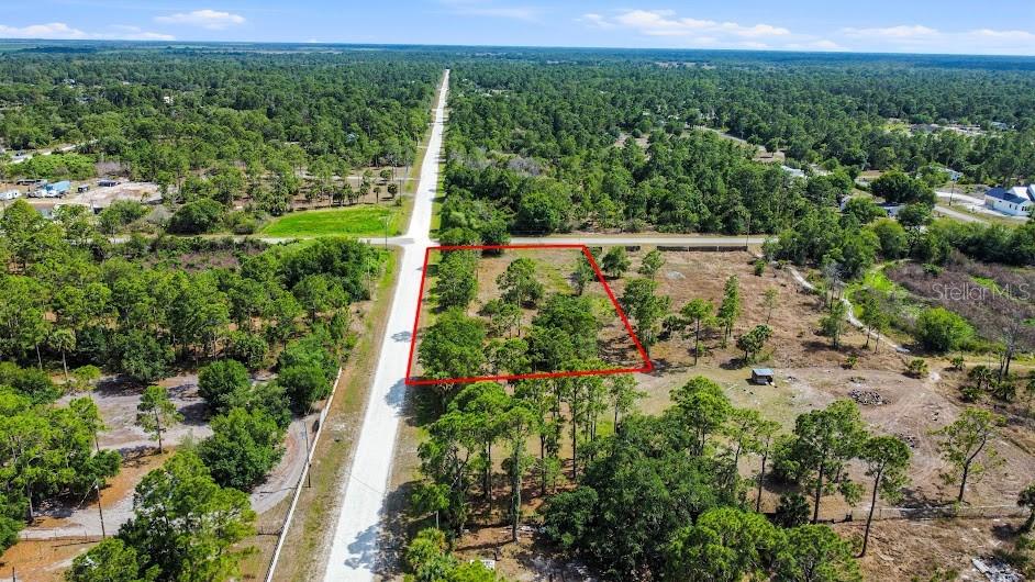 An aerial view shows a rectangular plot of land outlined in red along a road — 593 HUNTING CLUB AVENUE, CLEWISTON, FL