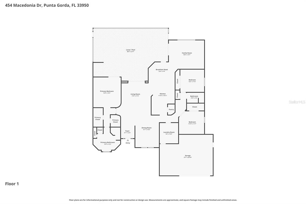 This is a floor plan for a single-story house with a garage and pool area — 454 MACEDONIA DRIVE, PUNTA GORDA, FL