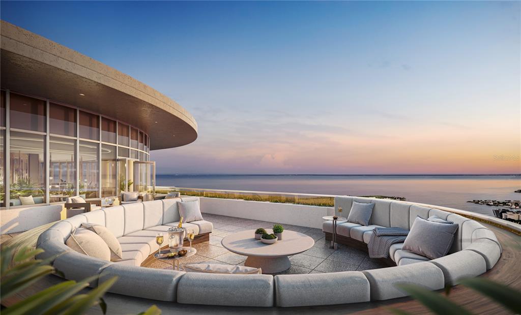 This architectural rendering shows a curved outdoor terrace with built-in seating overlooking the ocean — 400 CENTRAL AVENUE UNIT 3706, ST PETERSBURG, FL
