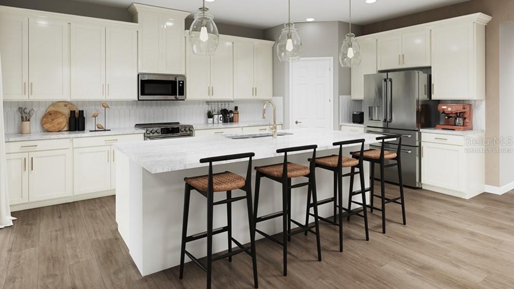 This is a rendering of a modern kitchen featuring white cabinets, an island, and barstools — 12813 DOCKYARD TRAIL, PALMETTO, FL