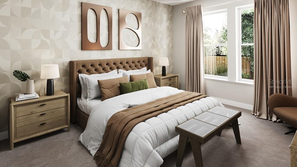 This is a virtual rendering of a bedroom featuring a tufted headboard and patterned wallpaper — 12813 DOCKYARD TRAIL, PALMETTO, FL