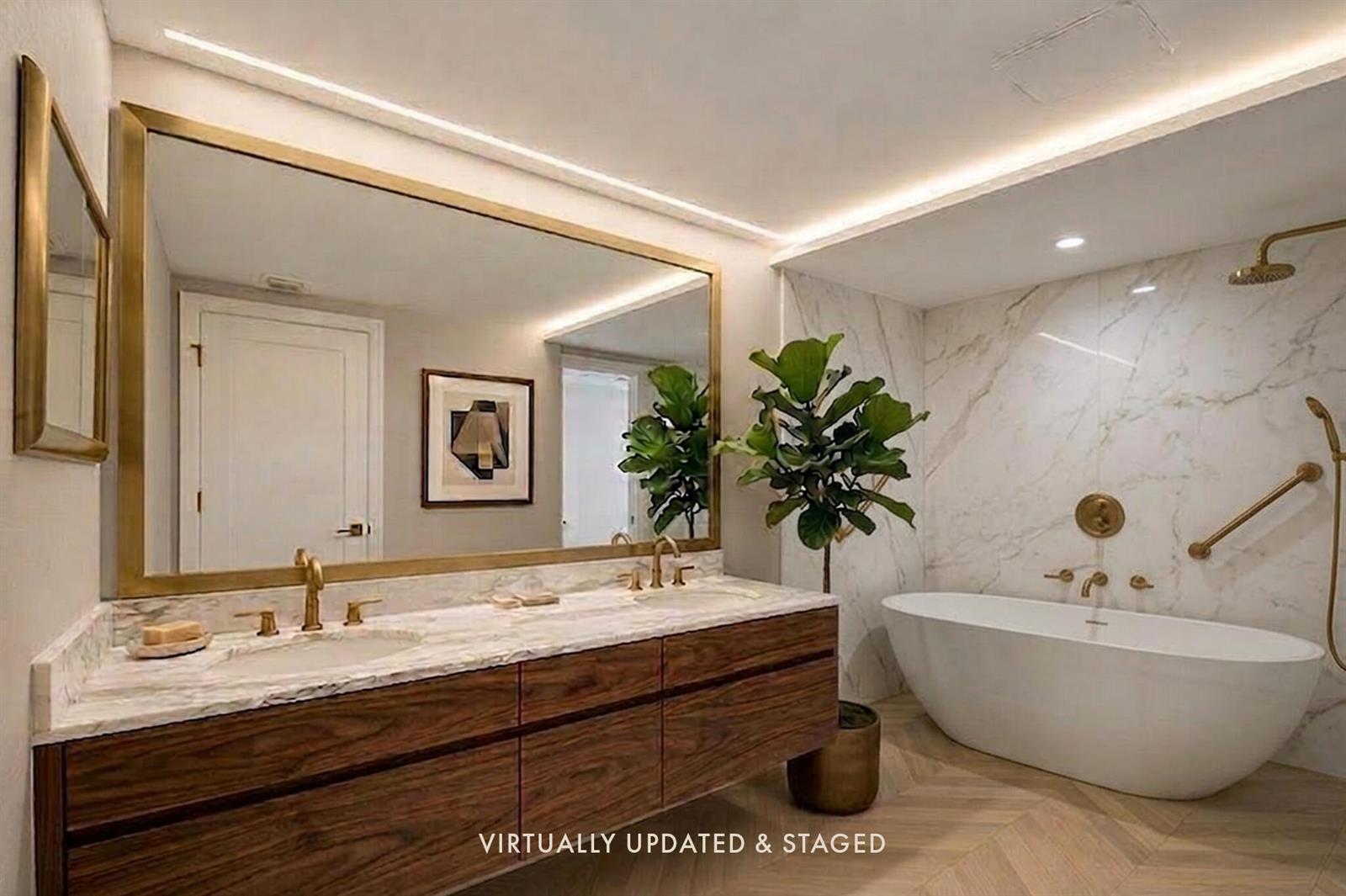 A bathroom features a double vanity with wood cabinets, marble countertops, and a soaking tub — 3475 S Ocean Boulevard # 116, Palm Beach FL 33480, PALM BEACH, FL