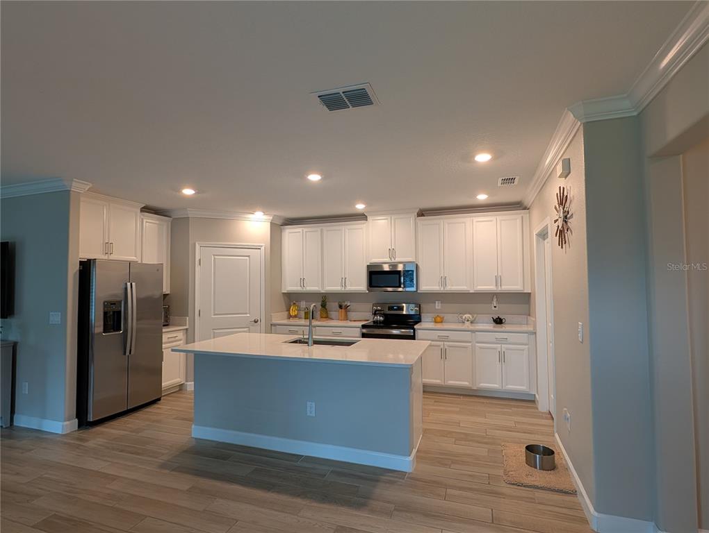 A kitchen features white cabinetry, stainless steel appliances, a center island, and wood-look flooring — 16711 SHELL BAY DRIVE, LAND O LAKES, FL