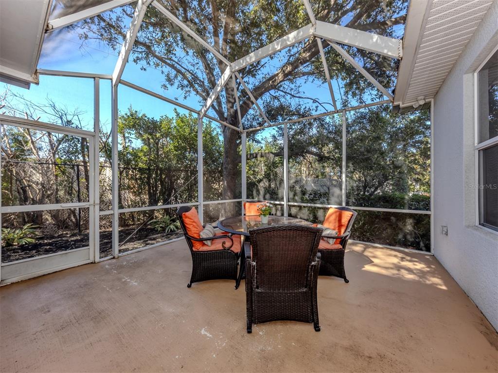 A screened-in patio features a glass-topped dining set on a concrete floor under trees — 111 WAYFOREST DRIVE, VENICE, FL