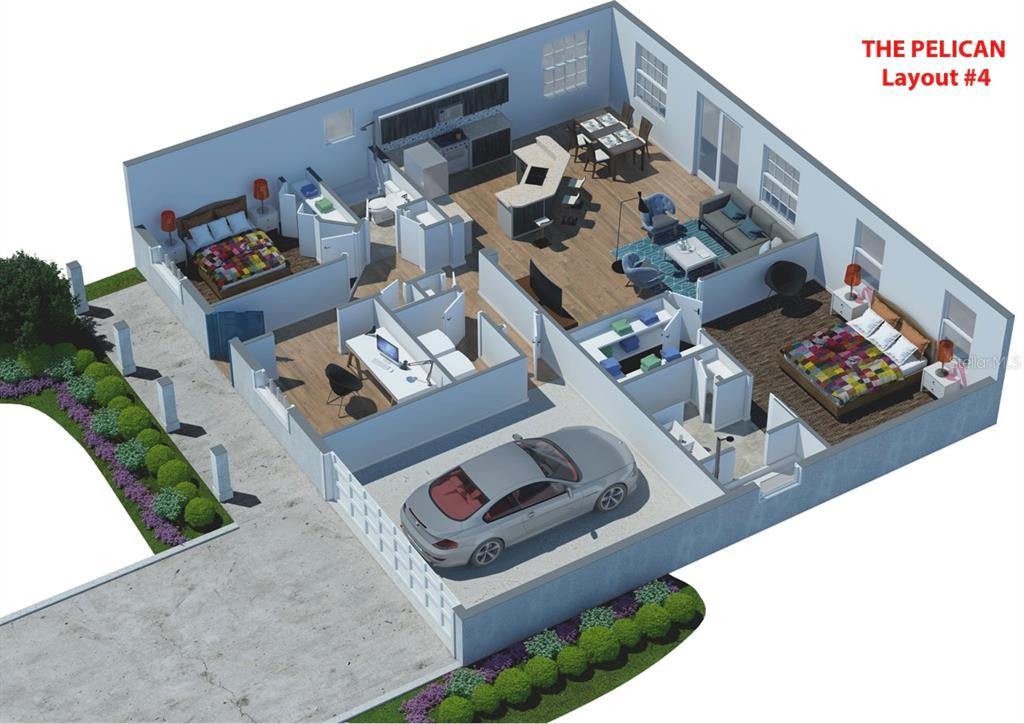 This 3D floor plan rendering shows a two-bedroom home with an attached garage and kitchen — 5920 CORMORANT COURT, LAKELAND, FL