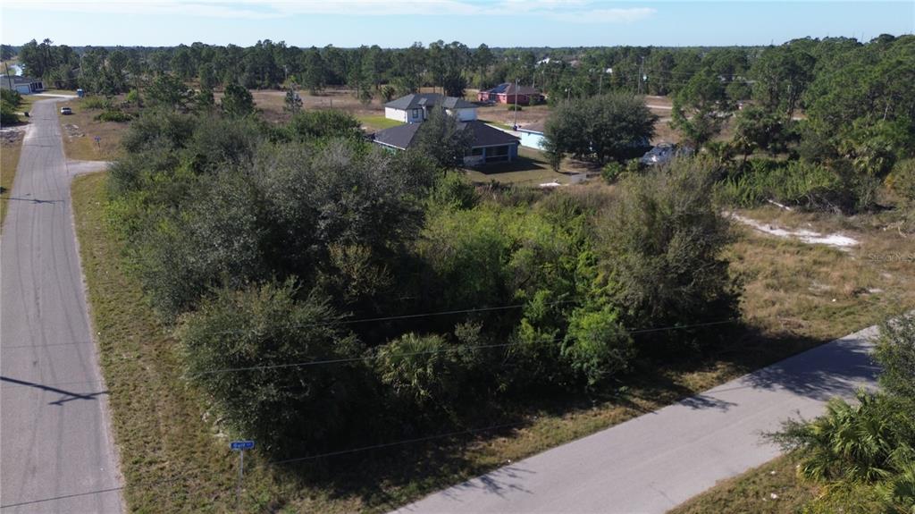 An aerial view shows a vacant, tree-covered lot situated between two paved residential streets — 880 GULF LANE, LEHIGH ACRES, FL