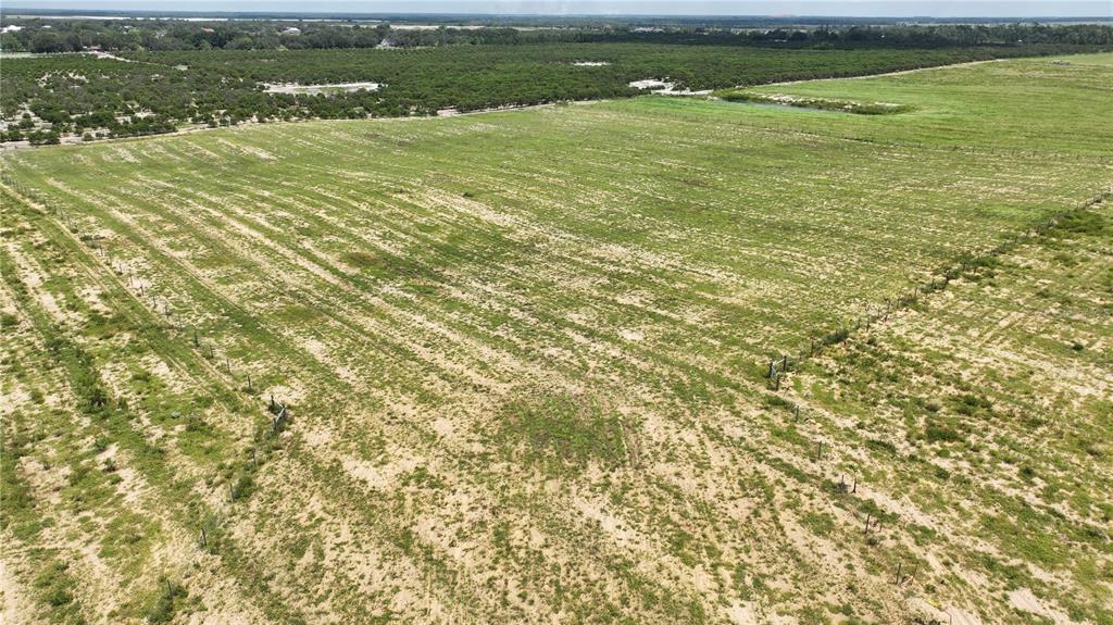 An aerial view shows a large, fenced grassy field adjacent to a grove of trees — KENILWORTH BOULEVARD, SEBRING, FL