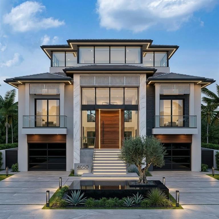 This is a rendering of a modern three-story house with a central entrance and two garages — 4223 HAWK ISLAND DRIVE, BRADENTON, FL