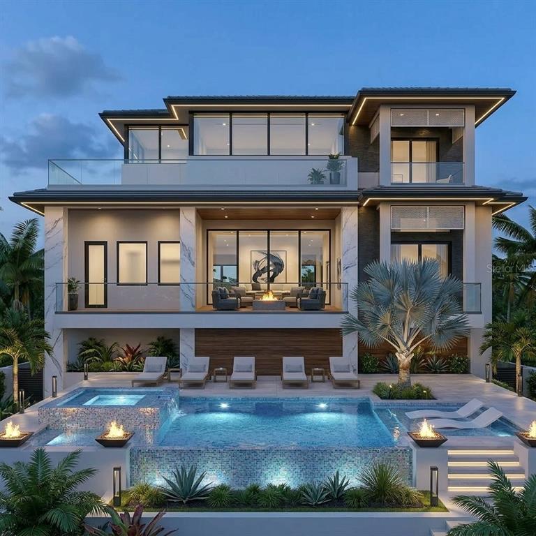 A rendering of a modern three-story luxury home featuring a swimming pool and outdoor terrace — 4223 HAWK ISLAND DRIVE, BRADENTON, FL