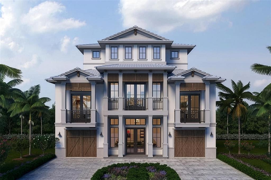 A digital rendering of a three-story coastal-style house with two garages and upper balconies — 4223 HAWK ISLAND DRIVE, BRADENTON, FL