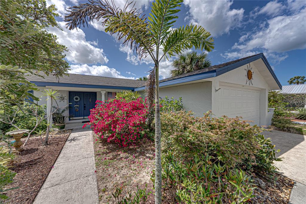 A single-story house features a blue front door, a garage, and vibrant pink bougainvillea landscaping — 906 SAGO PALM WAY, APOLLO BEACH, FL