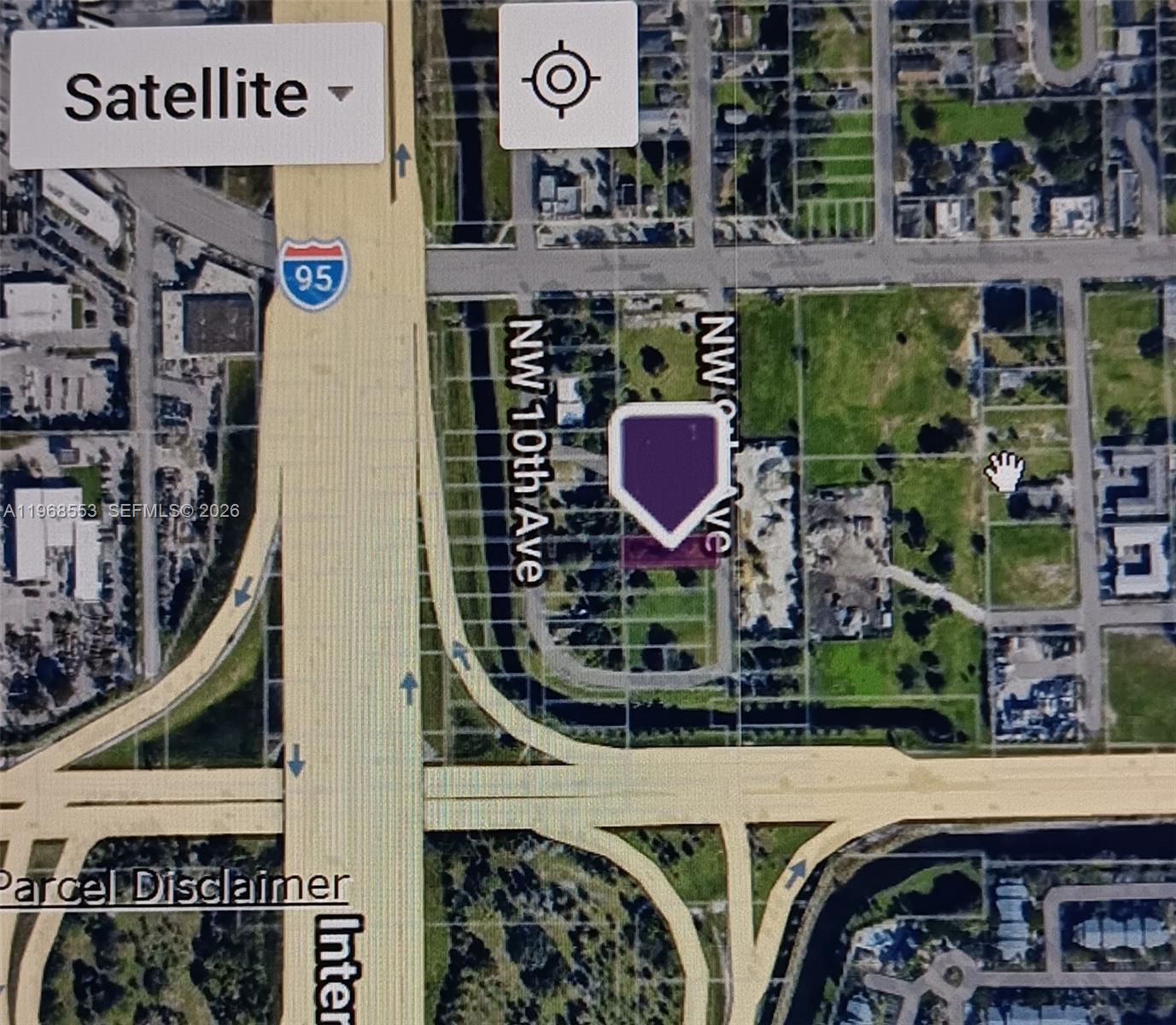 This is a satellite map view showing a property parcel located near an interstate highway — 0 NW 9th Ave, Pompano Beach FL 33060, POMPANO BEACH, FL