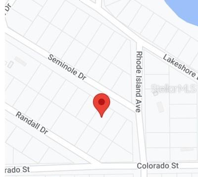 This is a map showing a red location pin near the intersection of Seminole Drive and Rhode Island Avenue — 117 SEMINOLE DRIVE, SATSUMA, FL