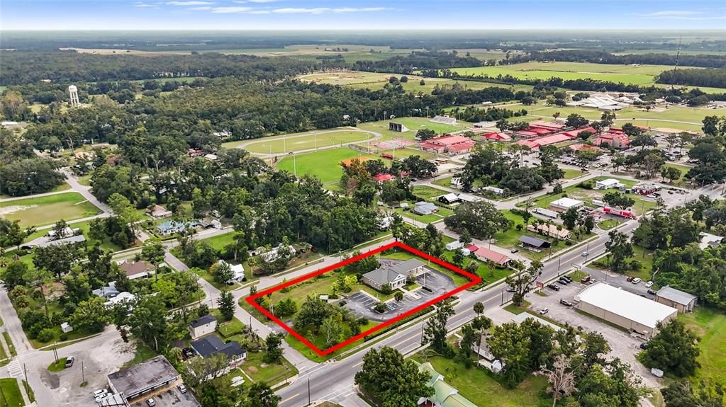 An aerial view shows a commercial building with a parking lot outlined in red — 130 NE CLYDE AVENUE, MAYO, FL