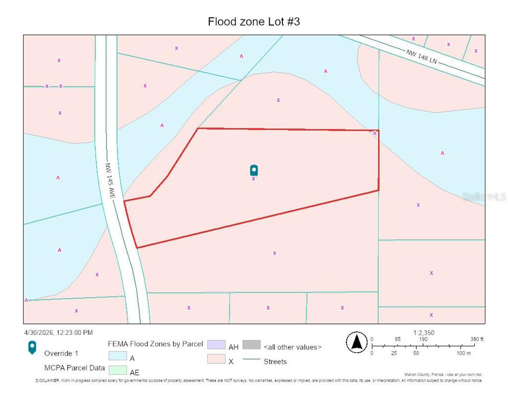 This is a flood zone map showing a parcel of land outlined in red — 0 NW 145 AVENUE, WILLISTON, FL