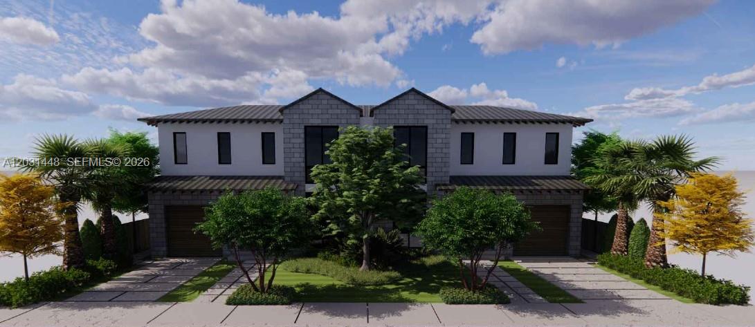 This is a rendering of a modern two-story duplex with two garages and palm trees — 272 NW 59th St, Miami FL 33127, MIAMI, FL
