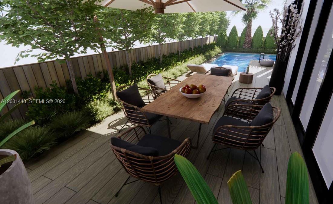 This rendering shows an outdoor patio with a dining table, chairs, and a swimming pool — 272 NW 59th St, Miami FL 33127, MIAMI, FL