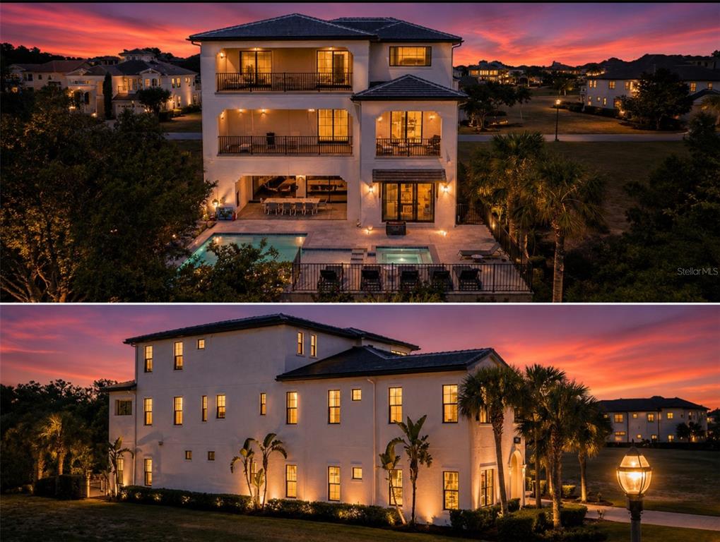 A two-story house exterior at dusk featuring a swimming pool, balconies, and landscaped grounds — 550 MUIRFIELD LOOP, KISSIMMEE, FL